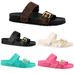 Slide Women Bom Dia Comfort Flat Sandals مصمم فاخر عالية الجودة ورنيش قماش جلدي الشيخوخة المطبوعات المطبوعة النعال النعال