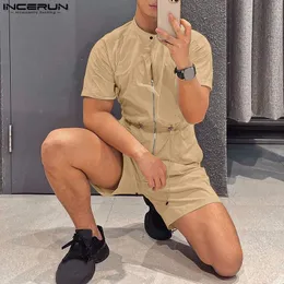 Männer Shorts Mode Männer Strampler Solide Stehkragen Kurzarm Streetwear Kordelzug Zipper Overalls Männer Cargo Overalls S-5XL INCERUN 230613