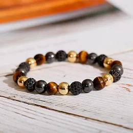 Strand Luxury Black CZ Beads Bracelet Yoga Jewelry Handmade Stretch Uomo 8mm Tiger Eye Stone Women Bangle