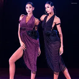 Stage Wear Halter Neck Latin Dance Dress Women Rumba Ballroom Performance Clothing Sequined Competition Practice BL8846