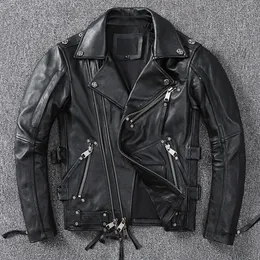 Men's Leather Faux Leather Black Motorcycle Leather Jacket Men Natural Genuine Cowhide Slim Fit Vintage Brown Mens Biker Racer Jackets Oblique Zipper S~5XL 230613