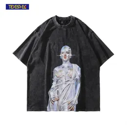 Herr t-shirts vintage tshirt män streetwear hip hop porträtt robot grafik tryck nödställd t-shirt harajuku sommar bomull tvättad tshirt 230613