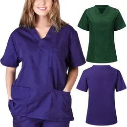 Women's T-Shirt Women Man Fashion Scrubs Tops V-Neck Short Sleeves Shirt With Two Large Pockets Beauty And Health Workwear SPA Nursing Uniform 230613