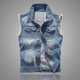 Herrvästar herrmode frayed blå casual denim jacka västar koreansk stil trend mäns hål ljus blå och mörkblå denimrockar 230613