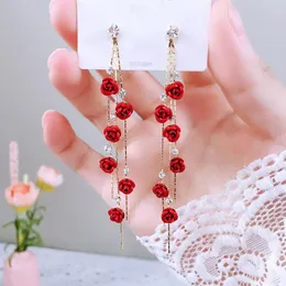 Kolczyki Dangle Vintage Fashion Rose Drop For Women Red Purple Flower Long Tassel Rhinestone Earring Wedding Party Prezent biżuterii