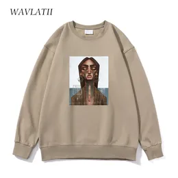 Women's Hoodies Sweatshirts WAVLATII Women Casual White Sweatshirts Female Khaki Soft Oversized Cool Printed Hoodie Unisex O-neck Long Sleeve Tops WH2225 230613