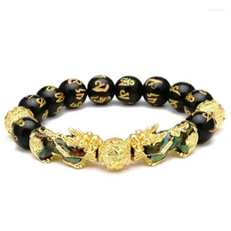 Strand 1pc Golden Pixiu Bsidian Bracelet Feng Shui Black Bead Sploy Wealth Charm Handmed