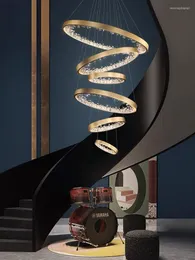 Hängslampor duplex trappor ljuskrona moderna lyxringar kristall stor lampa för villa vardagsrum hem dekor belysning luster fixtur