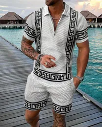Herrspårar för män med mäns spårdräkt Casual Summer Short Sleeve Zipper Polo Shirt Shorts Suit 2 Piece Set Male Clothing Streetwear Fashion