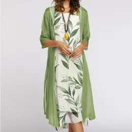 Casual Dresses Women Summer Floral Chiffon Sleeveless Maxi Dress Two Piece Set Plus Size Half Sleeve Cardigan Midi