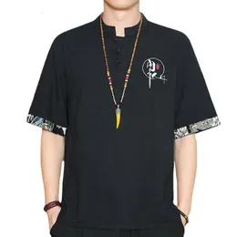 メンズカジュアルシャツ夏の中国スタイルコットンリネン半袖Tシャツ大規模なハーフスリーブTシャツリネン刺繍シャツ230613