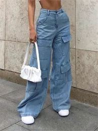 Jeans Feminino Anos 90 Y2K Patchwork Perna Larga Mom Vintage Mopping Pants Casual Streetwear Boyfriend Denim Big Pocket Cargo 230614