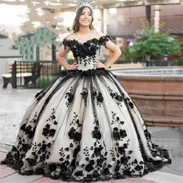 Черное бальное платье с открытыми плечами Quinceanera платье для девочек расшитое бисером 3D цветы платья для дня рождения платья для выпускного вечера на шнуровке 322