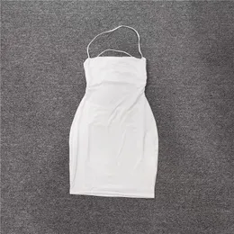 Summer Solid Color Slim Fit Open Back Suspended Half Length Dress Cross Wrapped Hip Bra Hanging Neck Dress White Summer