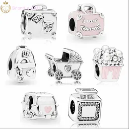 For pandora charms sterling silver beads Dangle Charm Original Baby Pram With Crystal Suitcase Travel Popcorn Pearls