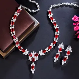 Necklace Earrings Set ThreeGraces Fashion Red Cubic Zirconia Silver Color Geometric Drop And Party Jewelry For Women TZ909