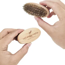 MOQ 100PCS Custom LOGO Small Oval Brush for Facial Hair Beard with Boar Bristle and Wood Handle Mini Pocket Brushes Handsome Man