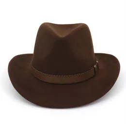 Cowboy-Fedora-Hüte aus Wollfilz mit breiter Krempe und dunkelbraunem Lederband für Damen und Herren, klassische Party, formelle Mütze, Whole234Q