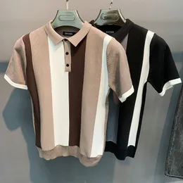 Polo Masculino est Stripe Color Masculino Seda Gelo Fino Malha Aberto Lapela Manga Curta Polo Masculino Slim Polo Masculino Camisas Polo Masculinas B101 230615