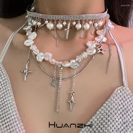 Pendant Necklaces Hollow Star Irregular Pearl Metal Cross Necklace For Women Cool Girl Trend Hip -hop Gothic Punk Jewelry HUANZHI