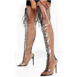 Mode Transparent Amerikanischen Stil Lace Up Sexy Über Knie Hohe Stiefel High Heel Frauen Party Schuhe Angepasst Große Größe 44