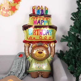 New Happy Birthday Cake Balloon Cartoon 3-Layer Large Candle Bear Cake Foil Balloon Birthday Party Baby Shower Decoration Kids Toys