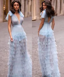 セクシーなライトブルーのウエディングドレスvネック階層式スカートパーティーイブニングガウンフォーマルな長い特別な機会ドレス