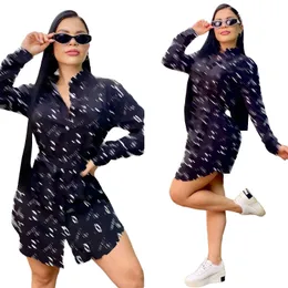 2023 Shirt Dresses Women Lapel Neck Long Sleeved Mini Dress with Sashes Free Ship