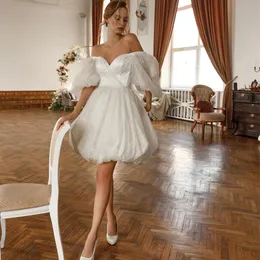 Sparking Short A Line Wedding Dresses Puffy Short Sleeve Mini Bridal Dress Ruched Puffy Skirt Lace Up Back Vestidos De Novia