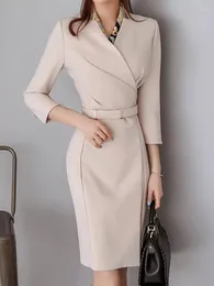 Abiti casual Commute Formale Temperamento Eleganti Donne Slim Pencil Dress Chic Stile di lavoro Solido Cintura Studio Lady Vestidos Spring Autumn