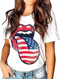 Moda Nova Camiseta Feminina com Lábios Bandeira Americana Engraçada 4 de julho Dia da Independência Camisetas gráficas Tops