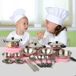 Cucine Riproduci cibo Pentole in acciaio inossidabile Pentole Pentole Giocattolo in miniatura Gioco di imitazione Regalo per utensile da cucina simulato per bambini 230614