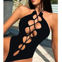 ملابس السباحة النسائية 2023 Swimsuit Hollow Out Sox Sexy One Piece Black Stide Lace Lace-Up One Bikini