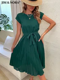 Basic Casual Dresses JIM NORA Elegant Women Summer Casual Beach Sundress Short Sleeve Pleated Midi Dress Soild Colour O Neck Tunic Dresses Fashion 230614