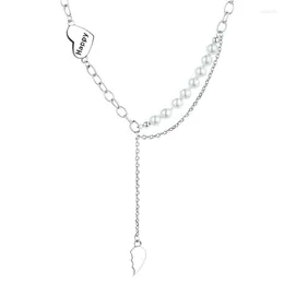 Chains 236FLZFSILVER Fashion Silver 925 Trendy Retro Design Pearl Tassel Angle Wing Heart Necklace Pendant For Women Charm Jewelry Gift
