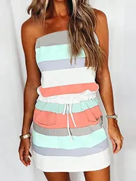 Basic Casual Dresses Women Summer Casual Mini Tube Dress Colorful Striped Strapless Bandeau Dresses Waist Drawstring Belt Swing Dress with Pockets 230614