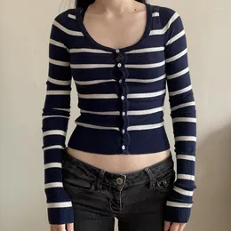 Damen-Strickjacken im Preppy-Stil mit Knöpfen, 90er-Jahre-Vintage-Streifen, schmale Passform, abgeschnittener Pullover, Harajuku, Grunge, Retro, Y2K, süße Strickmäntel