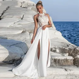 Boho Halter Chiffon High Split Beach Wedding Dress 2023 Appliques Lace Backless Bridal Party Gown Sexy Floor Length vestidos de novia