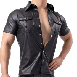 Mens Imitation Leather Shirt Nightclub Stage DS Performance Clothes Sexy Wetlook Button Up T-Shirts Clubwear Latex Fetish