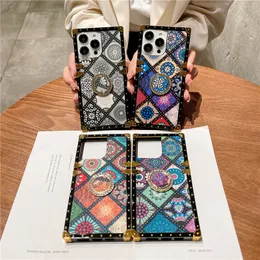 Luxury Ethnic Style Square Plating Vogue Phone Case for iPhone 14 13 12 11 Pro Max Samsung Galaxy S23 Ultra S22 Plus S21 S20 Ring Holder Flower Print Bracket Back Cover
