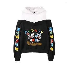 Mannen Truien De Cuphead Show Hoodie Vrouwelijke Off Shoulder Hoody Vrouwen Sweatshirt Harajuku Streetwear 2023 Amerikaanse Cartoon