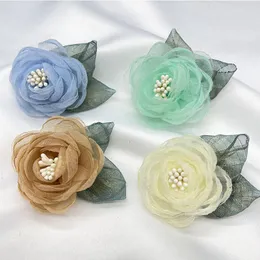 Flores decorativas Organza Burning Edge Flower Accessories Tecido Stereo Brooch Hairpin Diy Hand-made Semi-acabados Acessórios.