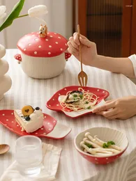Miski nordyckie cukierki Kolor dzieci Ceramiczny czerwony grzyb kubek deser talerz ryżowy makaron sałatkowy łyżka sałatkowa