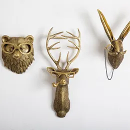 Decorative Objects Figurines Antique Bronze Resin Animal Pendant Golden Deer Head Wall Storage Hook Up Background Wall Accessories Decorative Figurines 230614