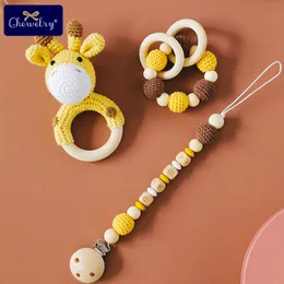 Rattles Mobiles 1pc Baby Rattle Crochet Giraffe Plush Animals Personalised Pacifier Chain Holder Teething Bracelet Gym Music born Toys 230615