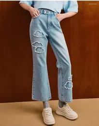 Women's Jeans Cold Tassel Blue Color Women Flare Pants Cartoon Bear Embroidery JK Student Lady Denim Pant
