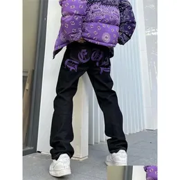 Męskie dżinsy męskie y2kstyle z talią Dekorację kwiatową ponadwymiarowa swobodna streetwear punkowa hiphop litera druk luźna harajuku prosto