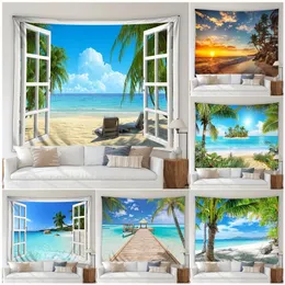 Tapestries Ocean Beach Landscape Tapestry Island Coconut Trees Forest Nature Scenery Garden Wall Hanging Home Living Room Decor Tableduk 230615