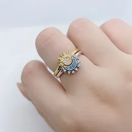 925 여성 애호가를위한 실버 웨딩 반지 약혼 선물 디자이너 보석 DIY Fit Pandoras Celestial Blue Sparkling Sun Moon Cinderella Ring Set