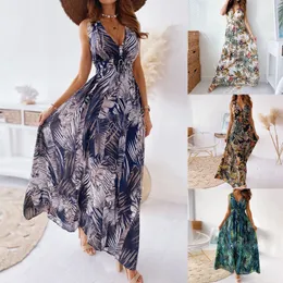 Основные повседневные платья Женщины Deep V Nece Print Maxi платье винтажное шнурок Boho-Up A-Line Long Dline Sexy Dooveless Beach Party Платье Vestidos 230615